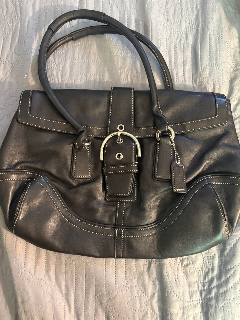 Coach Black Leather Buckle-Front Shoulder Bag